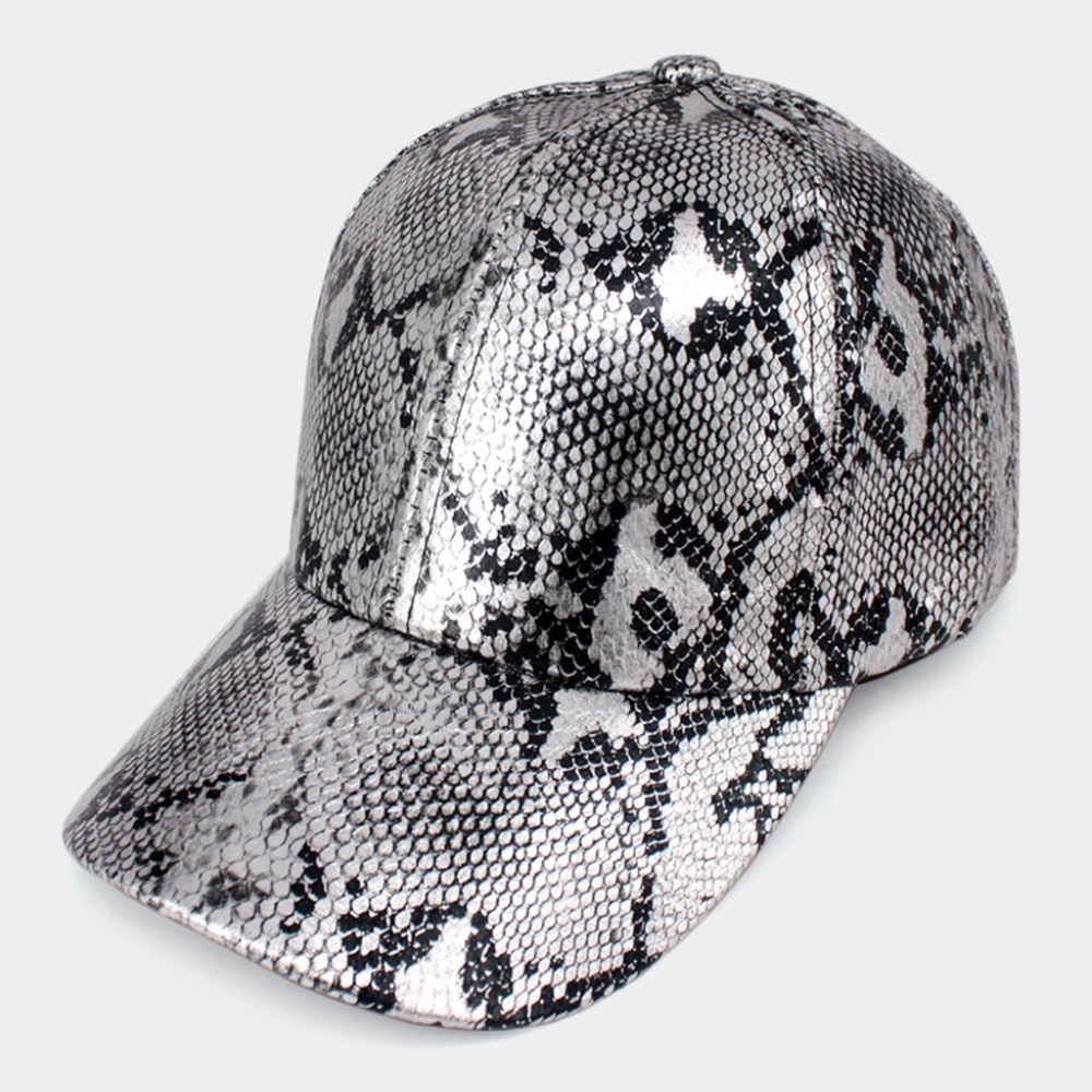Silver Snakeskin Print Baseball Cap Fashion Hat Statement Accessory Reptile